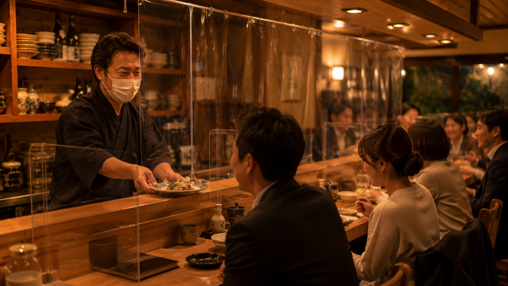 コロナ禍、仕切りをしながらも満席で楽しそうに食事するお客さんと店主のイラスト