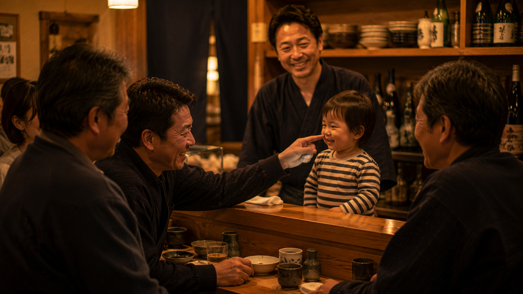 店に来た子どもを常連客が笑顔で可愛がる、家族経営の和食店の温かい場面のイラスト