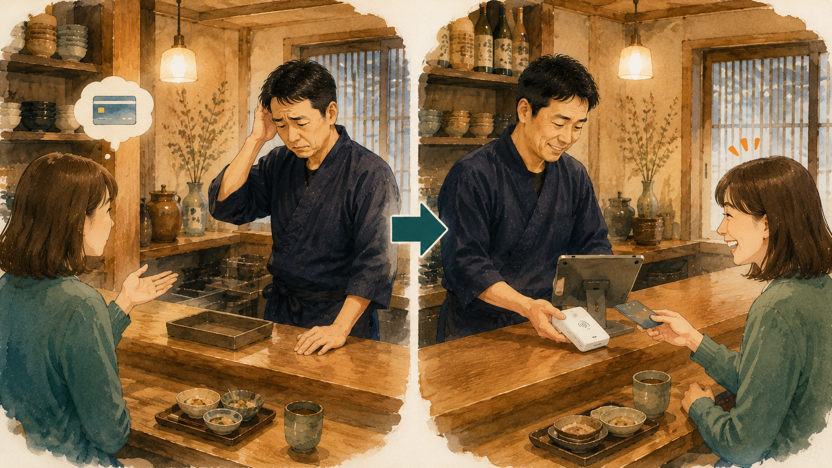 キャッシュレス対応で会計の取りこぼしを防ぐイメージ図