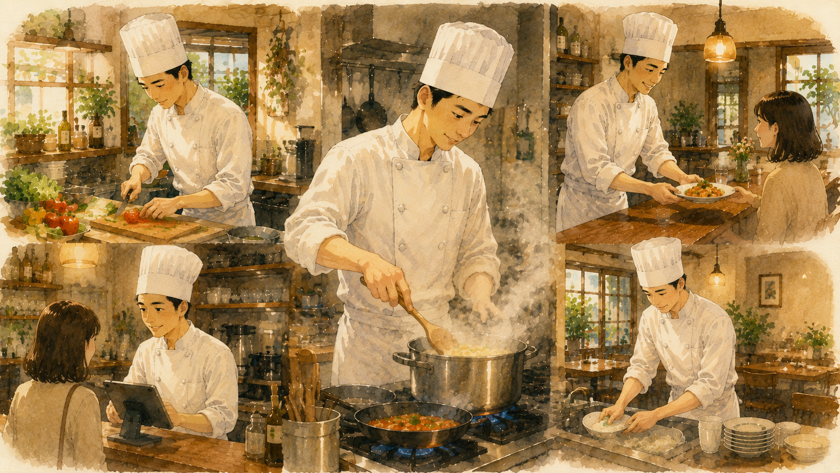 小さな飲食店を一人で切り盛りする店主の一日を描いたイラスト