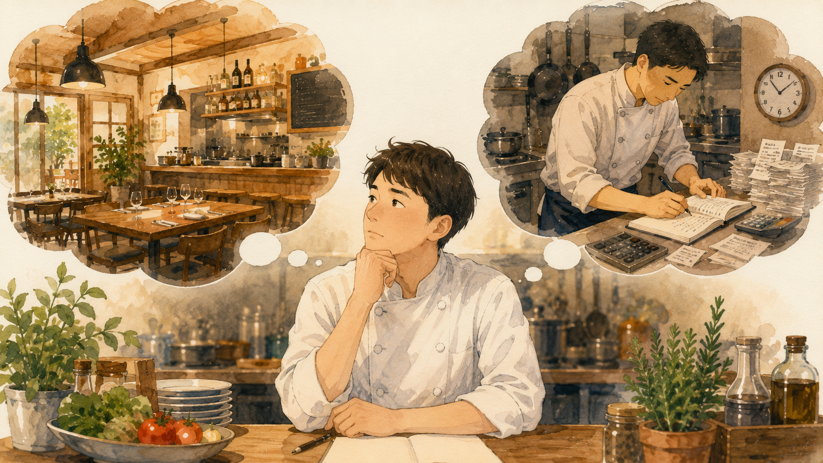 飲食店の開業を夢見る店主。理想の店と働き詰めの現実が対比されたイラスト