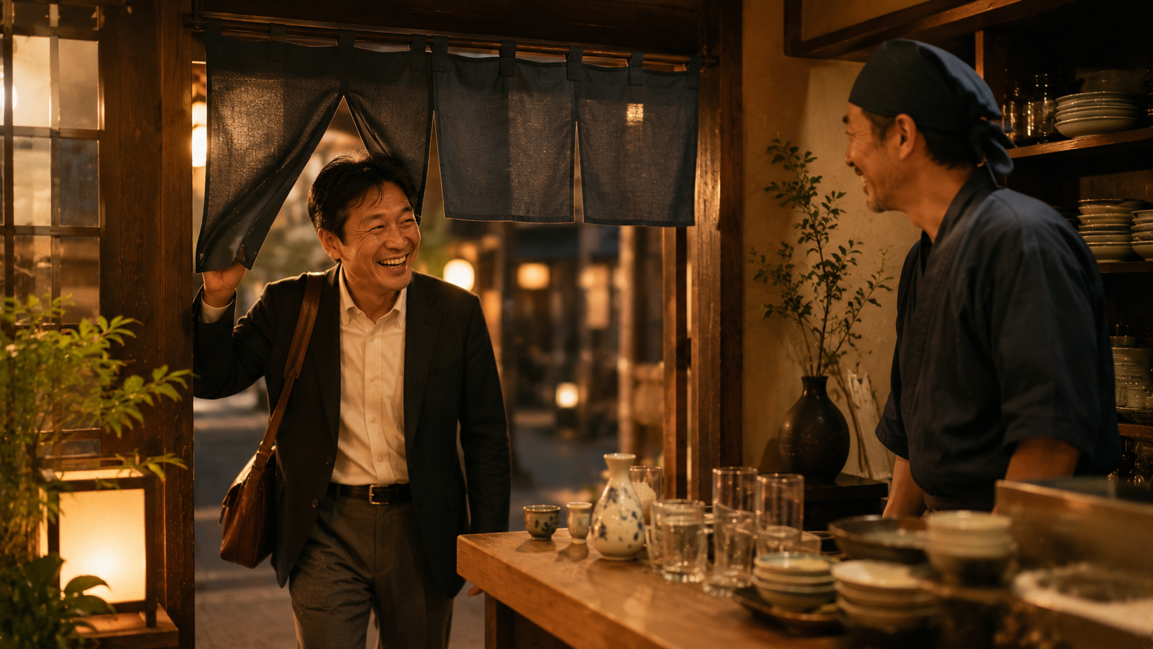 また来た常連客を笑顔で迎える店主のイラスト