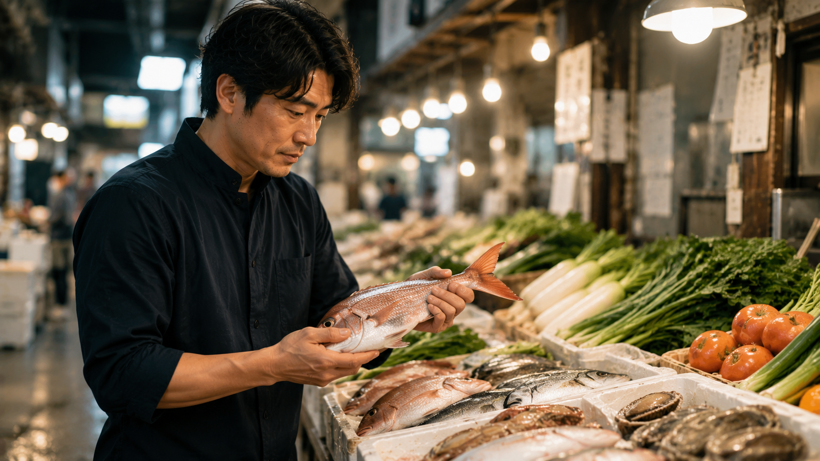 新鮮な食材を目利きする店主のイラスト