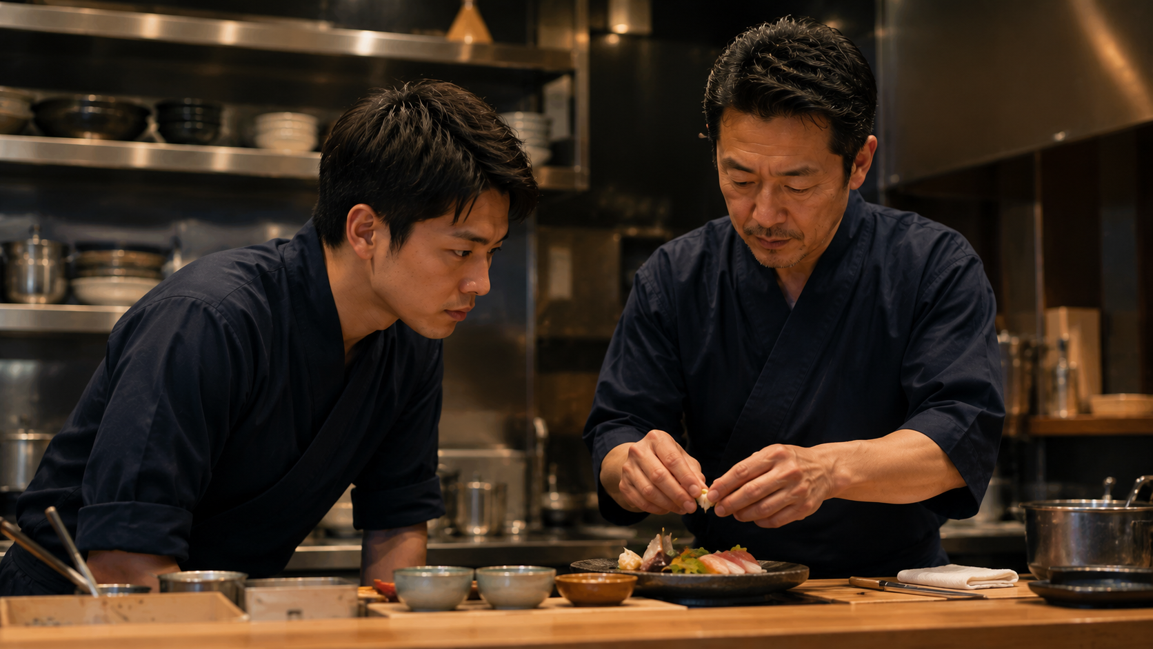 先輩の手元を見て技術を学ぶ若い料理人のイラスト