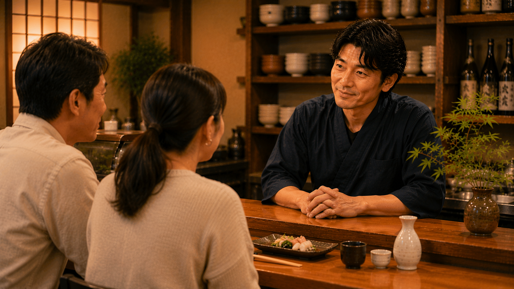 言葉選びに気をつける店主のイラスト