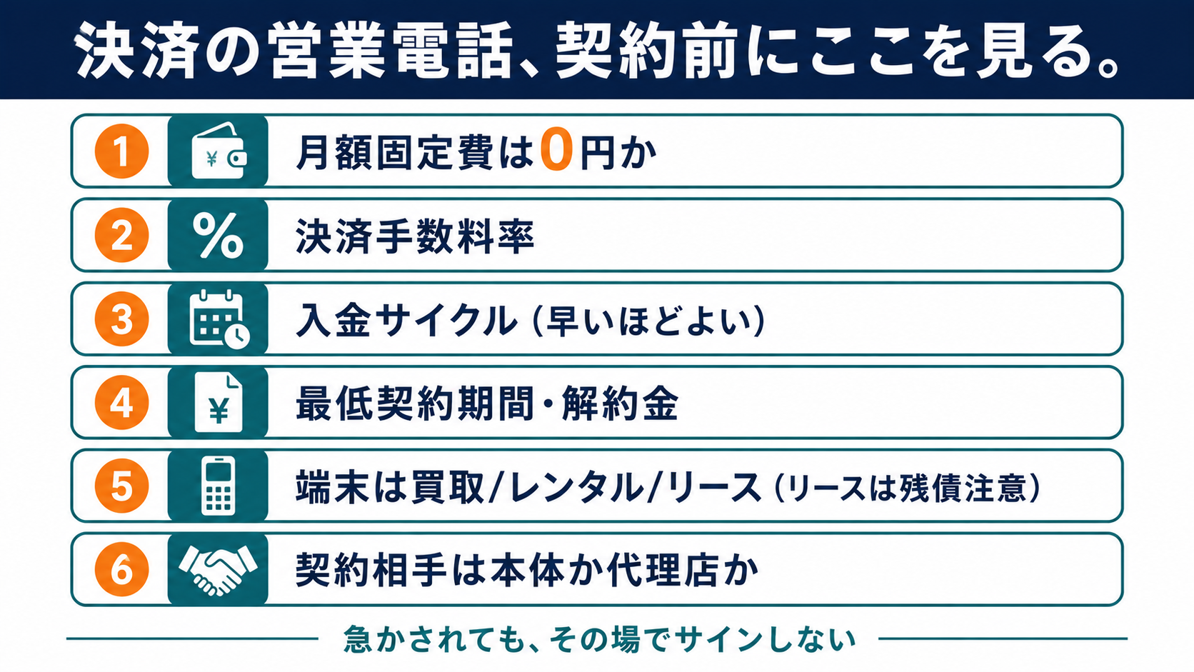 決済の営業電話、契約前にチェックすべき項目の図解