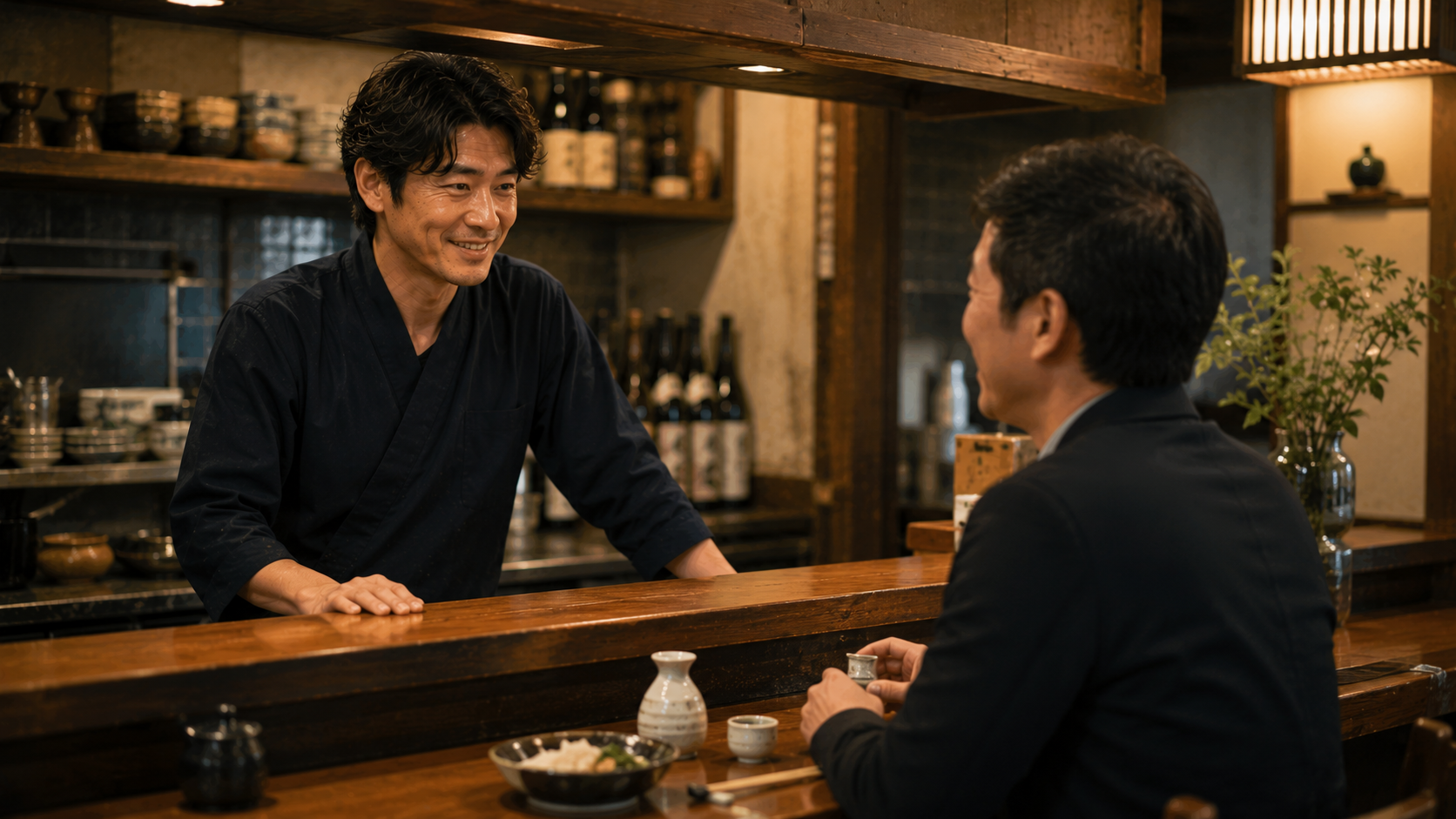 常連客と程よい距離感で会話する店主のイラスト