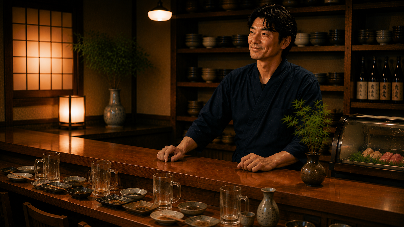 穏やかな達成感を抱く店主のイラスト