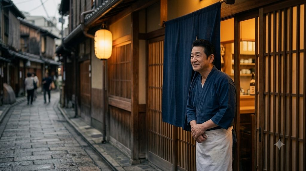 夕暮れ時、暖簾の前に立つ小さな和食店の店主と店構え