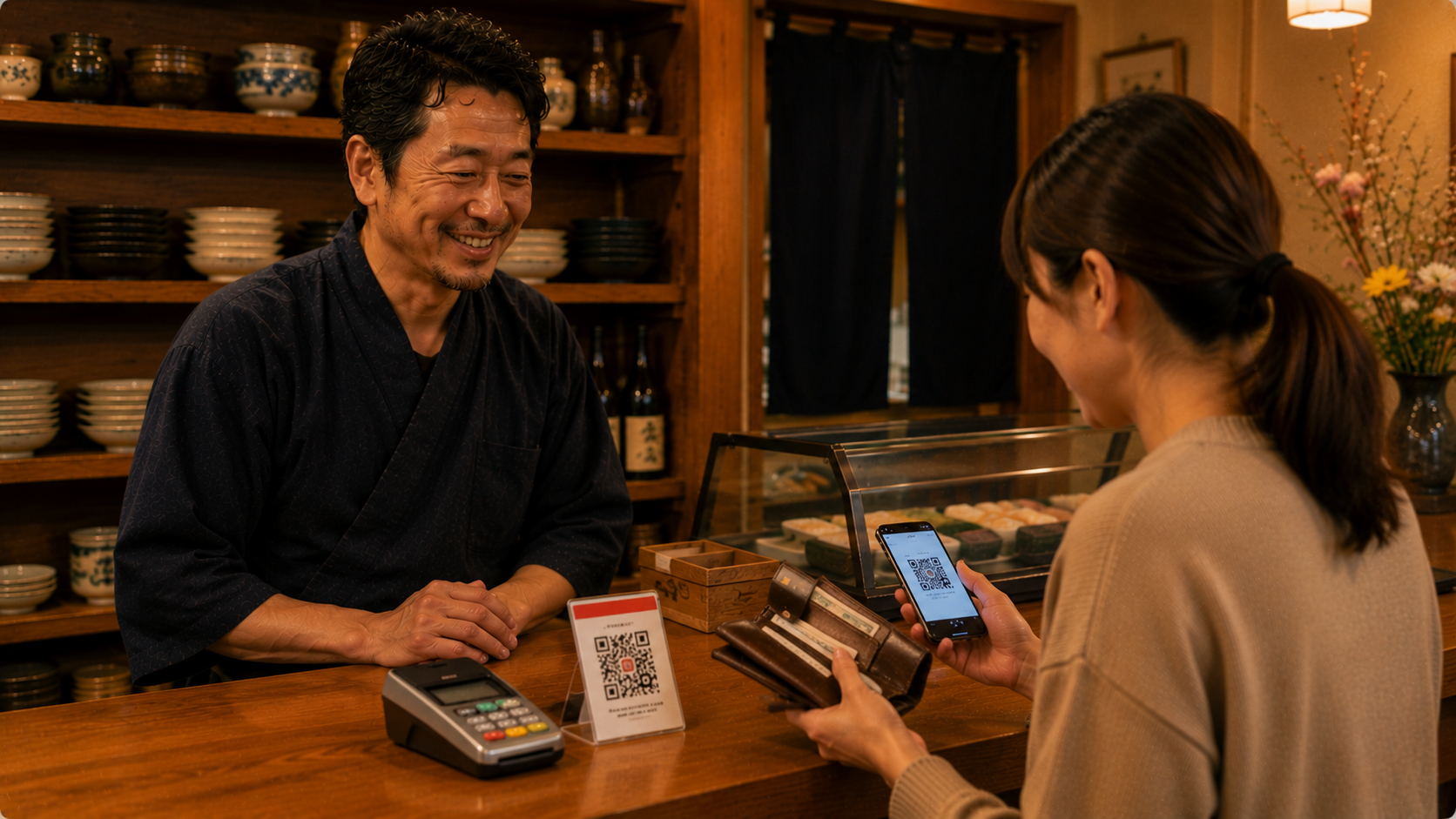 現金・クレジットカード・QRコード決済など複数の支払い方法から選べる飲食店の会計カウンター