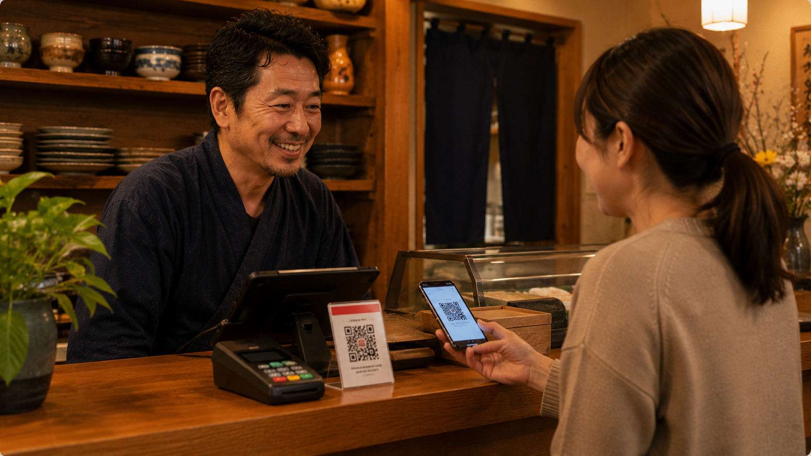 レジ横のQRコード決済サインの前で、スマホをかざしてPayPayで支払う客と笑顔で対応する飲食店の店主