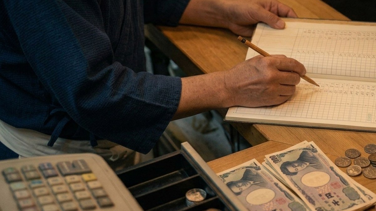 閉店後のカウンターで、店主が帳簿に売上を書き留めながらレジの現金を数えている手元