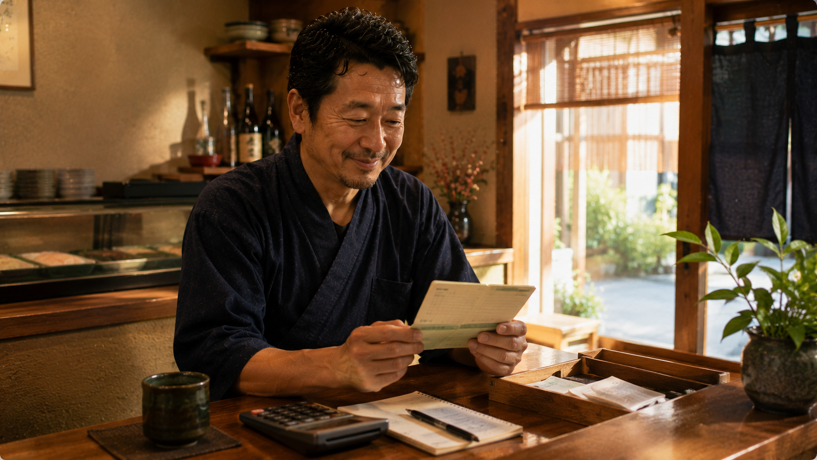 昼下がりの店で通帳を手に、ほっとひと息つく飲食店の店主
