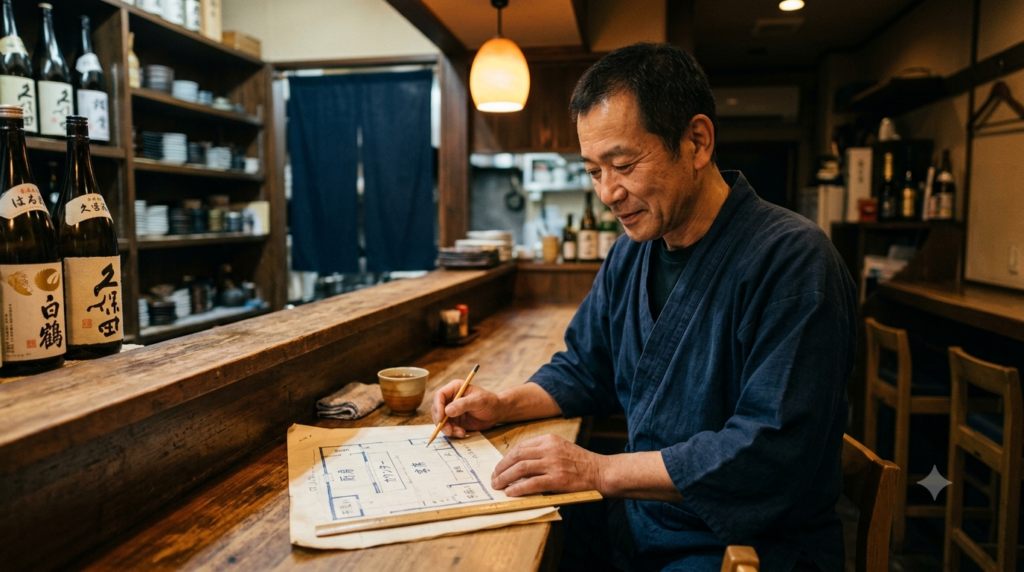 閉店後の和食店のカウンターで、手書きの店舗の間取り図を描く店主