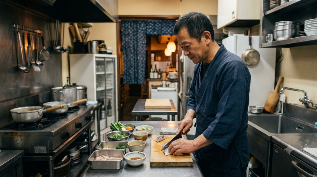 豪華な設備はないが実直に使い込まれた小さな和食店の厨房で下ごしらえをする店主