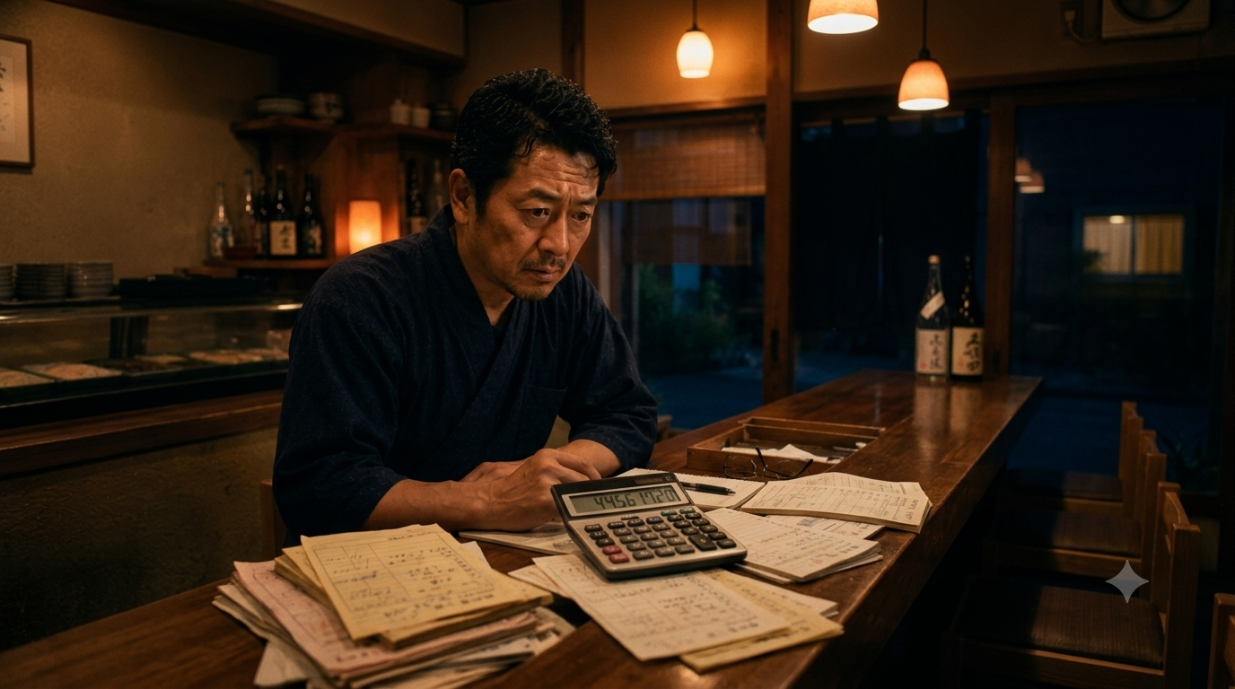 閉店後のカウンターで仕入れ伝票の束と電卓の数字をじっと見つめる和食店の店主
