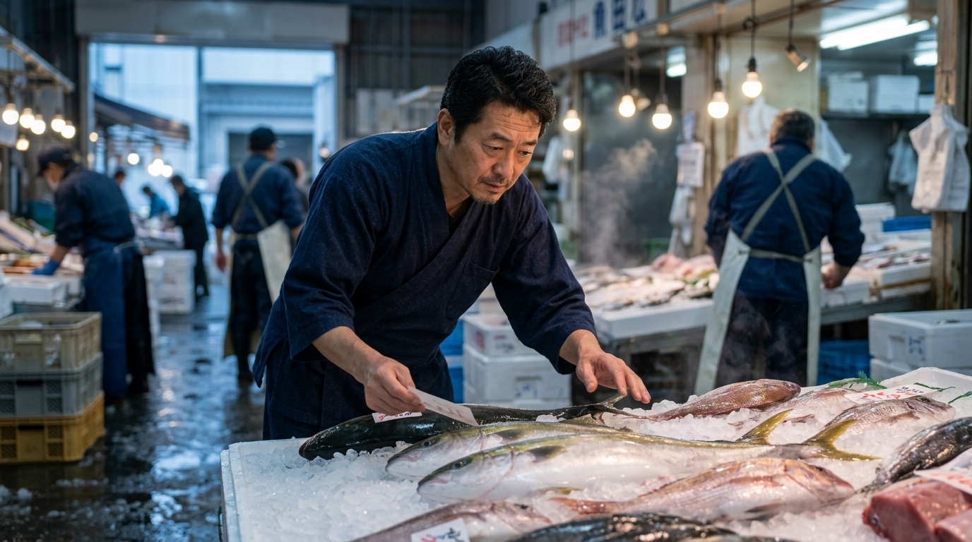 早朝の魚市場で値札を見ながら魚を選ぶ和食店の店主