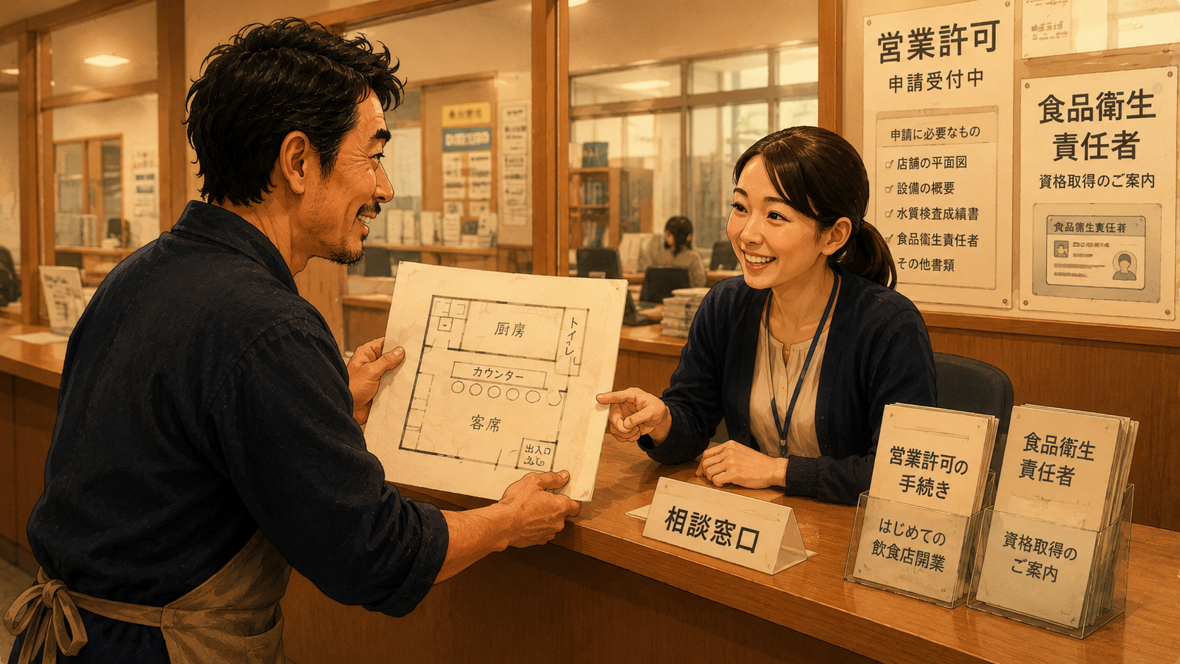 自分で描いた店舗図面を手に、保健所の相談窓口で担当者に相談する飲食店の店主