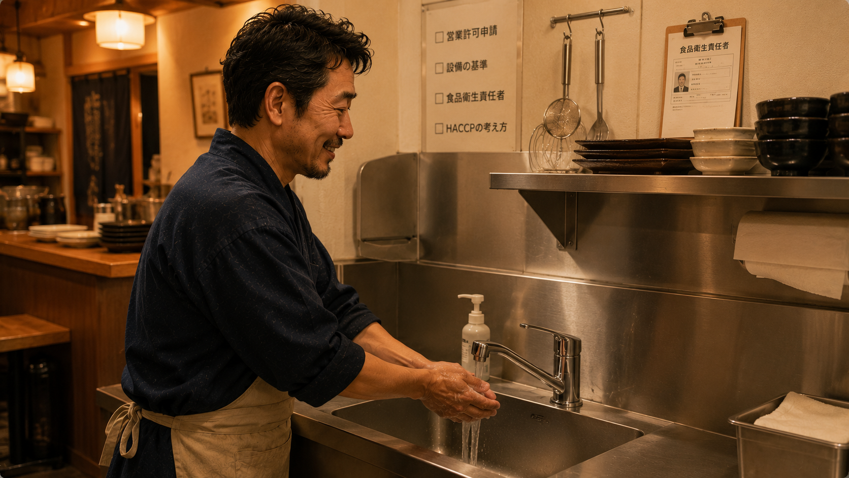 厨房のレバー式手洗い設備で手を洗う飲食店の店主。手でひねらずに操作できる蛇口