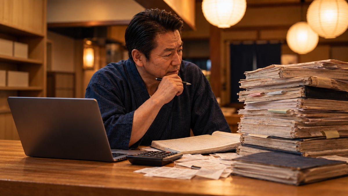 閉店後のカウンターで、帳簿の山と電卓を前に考え込む和食店の店主